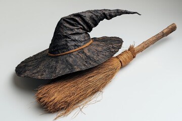 An isolated black broom and witch's hat are shown on a white background