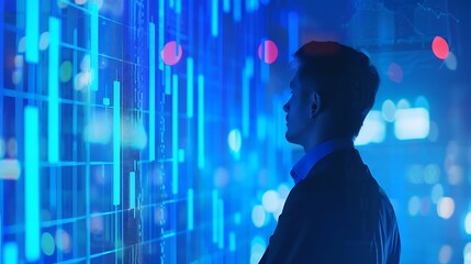 Aufkleber - Businessman Reviewing Market Metrics on Digital Dashboard, Copy Space, Portrait Shot