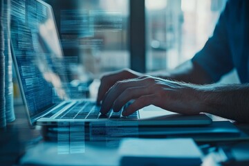 Fototapete - Document management system and business man using laptop to access files