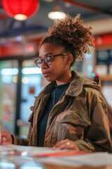 Poster - A woman wearing glasses examines her cell phone screen
