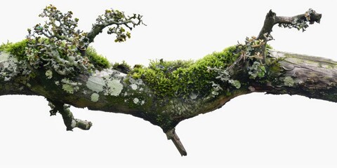 Poster - A close-up of a moss-covered tree branch on a white background