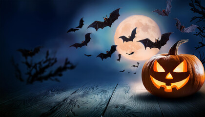 Wall Mural - Halloween pumpkin bats horror background in night moon