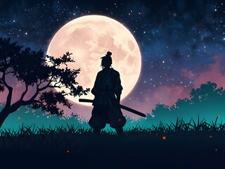 Wall Mural - Samurai under Full Moon