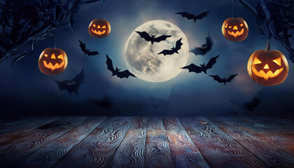 Wall Mural - Halloween pumpkin bats horror background in night moon