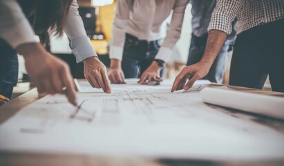 Poster - As architects and designers work on a creative project in an office setting, they discuss blueprints and brainstorm creative concepts.