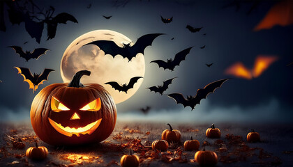 Wall Mural - Halloween pumpkin bats horror background in night moon