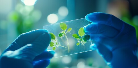 Poster - Working plant biology biotechnology experiment agriculture laboratory test, female scientist holding green leaf botany herb medicine on petri dish, scientific research with plants biology