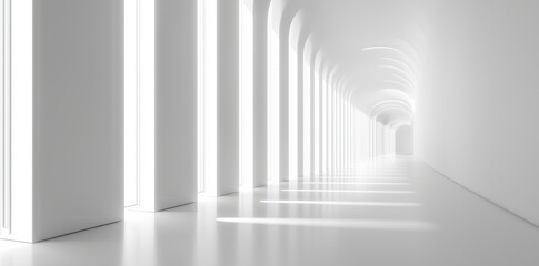 Fototapete - Modern background design of futuristic room, showroom, spaceship, hall or studio with white floor, ceiling and hidden lights.