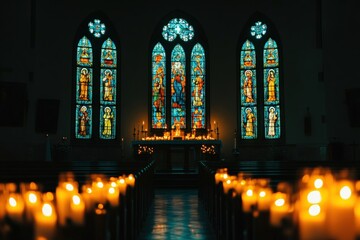 Wall Mural - soft glow from stained glass windows in the church, stained glass windows illuminated by candlelight