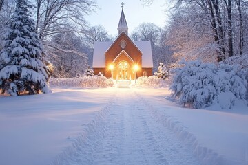 Wall Mural - snowy path leading to the church for midnight mass, snowy walkway leading up to a church entrance wi