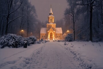 Wall Mural - snowy path leading to the church for midnight mass, snowy walkway leading up to a church entrance wi
