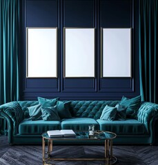 Poster - 3D rendering of a blue living room with sofa, a classic modern interior with a classic feel