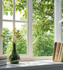 Poster - A mockup frame with dry flowers and books standing near a window, rendered in 3D