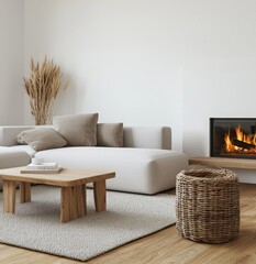 Poster - An interior wall mockup with a fireplace in a modern home, rendered in 3D