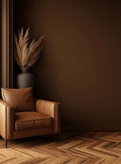 Poster - A mock-up of a dark brown living room with minimal decor, rendered in 3D