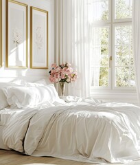 Aufkleber - 3D rendering of a poster frame in white luxury bedroom interior