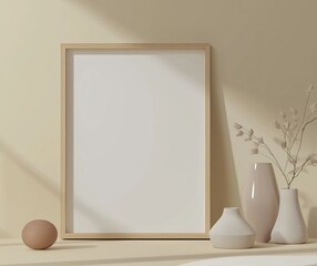Poster - An interior mockup with a 3D render of a house in the background
