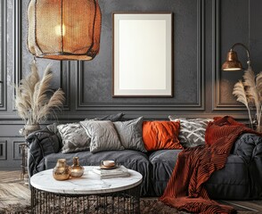 Poster - Interior view of black living room with sofa, minimalist interior background in 3D