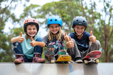 Canvas Print - Three children wearing helmets and holding skateboards, sitting on the edge of an outdoor skateboard park with their thumbs up while smiling at the camera