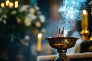 Incense burning at the altar during Midnight Mass, soft trail of incense rising during Midnight Mass, copy space for stock photo with minimal concept, No logo, No Trademark, No text