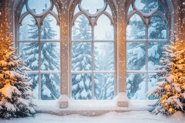Wall Mural - snow-covered trees outside the church windows, framing midnight mass in a serene winter landscape, c