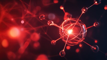 Poster - Dynamic abstract background featuring a glowing red atom and interconnected molecules, symbolizing molecular structure and scientific research