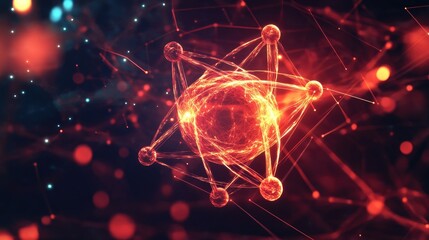 Poster - Dynamic abstract background featuring a glowing red atom and interconnected molecules, symbolizing molecular structure and scientific research