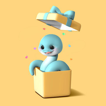 3D 렌더링 된 선물상자 뚜껑이 열리면서 을사년 푸름뱀의 캐릭터가 몸의 부드러운 곡선을 그리며 상자 밖으로 나와 호기심의 표정을 지으며 주위를 탐색하고 있습니다. 푸른뱀은 새로운 무언가를 선사할 것 같은 기대감을 불러 일으키는 3D 이미지 입니다.