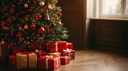 Wall Mural - a christmas tree surrounded by secret santa gifts, festive scene with various presents under the tre