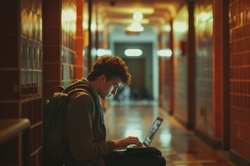 Wall Mural - A person typing away on their laptop on the floor, great for remote work or study situations