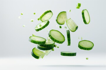 Poster - Fresh cucumber slices falling from above, perfect for salads or garnishes