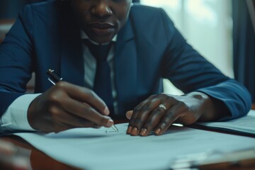 Poster - A businessman taking notes on a piece of paper, likely preparing for a meeting or project
