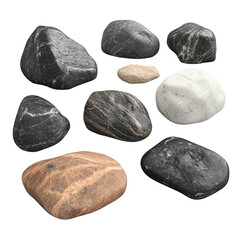 A collection of various smooth and textured stones of different sizes and colors, ideal for natural decor, landscaping, or spa designs.