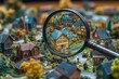 © julija - whimsical real estate hunt giant magnifying glass hovering over miniature neighborhood colorful houses manicured lawns soft dreamy lighting playful take on property search