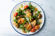 © Leckerstudio - Turkey skewers with mushrooms and vegetables. Top view table.