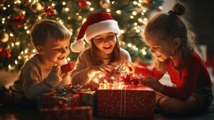 Kids gathered around the Christmas tree, excitedly opening presents on Christmas morning, glowing lights, copy space for stock photo with minimal concept, No logo, No Trademark, No text