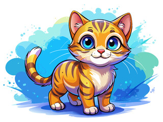 a cute, cartoon-style illustration of a small orange tabby kitten. The kitten has large, expressive blue eyes and a happy expression with a small smile. Its fur is orange with darker orange stripes