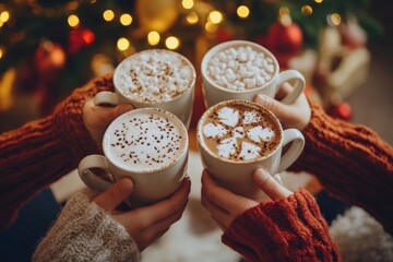 Friends toasting with mugs of hot cocoa while sitting by the Christmas tree, holiday cheer and warmth, copy space for stock photo with minimal concept, No logo, No Trademark, No text