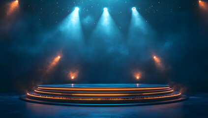 Poster - A dramatic stage illuminated by vibrant lights, set for a performance with a mystic atmosphere and elegant design.