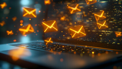 Poster - Digital concept illustrating email communication with glowing icons emerging from a laptop, representing connectivity and technology.
