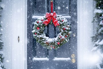 Wall Mural - Christmas wreath hanging on a snow-covered front door, festive and welcoming atmosphere, copy space for stock photo with minimal concept, No logo, No Trademark, No text