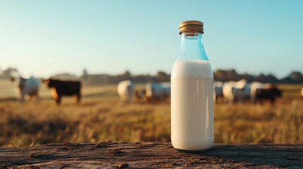 Fresh milk in a bottle on rustic wood, with a backdrop of cattle and a sprawling farm under a clear blue sky.