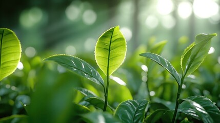 Vibrant green tea leaves glimmer softly under golden rays of the morning sun