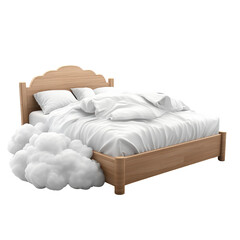 Cozy wooden bed with fluffy white bedding and pillows, surrounded by soft clouds, creating a dreamy and comfortable ambiance.