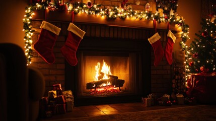 Wall Mural - a warm, glowing fireplace decorated with christmas lights, stockings, and garland, cozy holiday scen