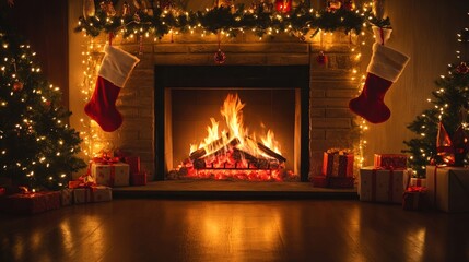 Wall Mural - A warm, glowing fireplace decorated with Christmas lights, stockings, and garland, cozy holiday scene, copy space for stock photo with minimal concept, No logo, No Trademark, No text