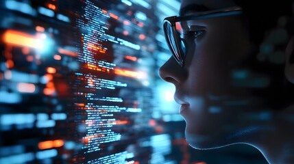 A close-up of an Indian man wearing glasses, surrounded by digital code and holographic data visualizations, representing the integration with artificial intelligence technology