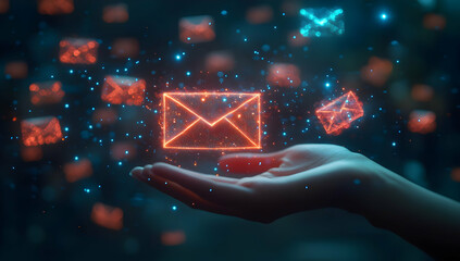 Poster - A vibrant digital representation of an email being received, highlighted by colorful glowing icons and a hand extending to catch them.