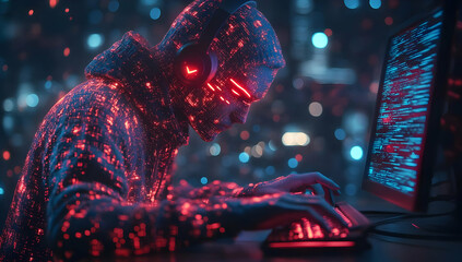 Poster - A cybernetic figure interacts with a glowing computer, immersed in a digital world filled with abstract patterns and vibrant colors.