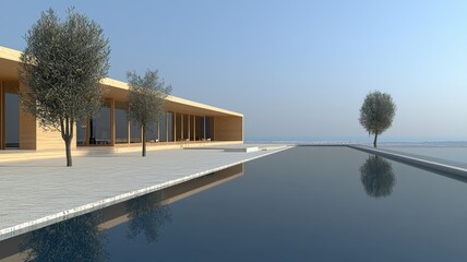 Modern architecture featuring sleek lines, a peaceful pool, and serene landscape under a clear blue sky.